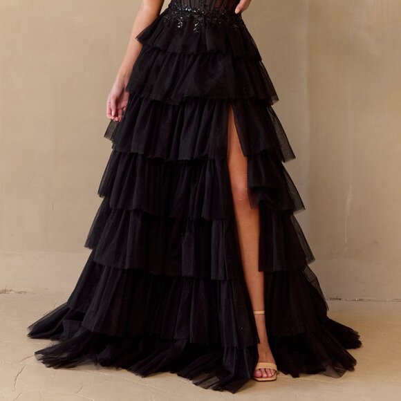 New Strapless Long Ruffled Prom Dress w/ Sheer Embroidered Boned Bodice AC 9053 - Picture 10 of 10